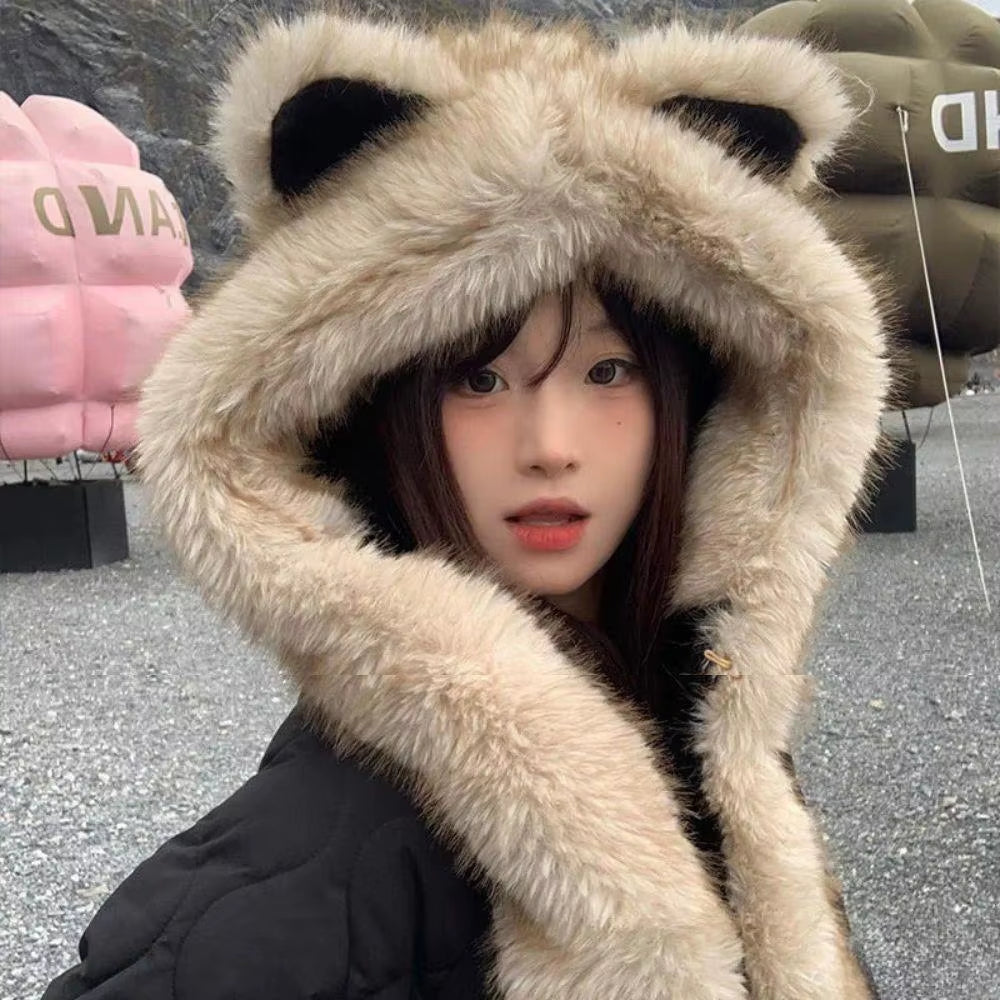 Windproof Integrated Cap Scarf Soft Plush Neck Warm Ear Protection Cap Cute Winter Warm Beanie Hat Scarf Faux Fur Lei Feng Hat