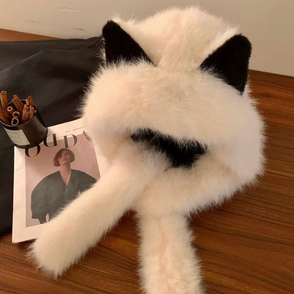 Windproof Integrated Cap Scarf Soft Plush Neck Warm Ear Protection Cap Cute Winter Warm Beanie Hat Scarf Faux Fur Lei Feng Hat