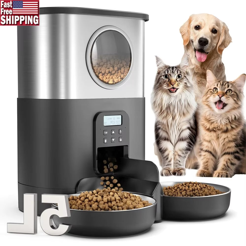 5L Automatic Cat Feeder with Voice Recording Dual Power Mode 2 Stainless Steel Bowls Pet Food Dispenser Multiple Pets