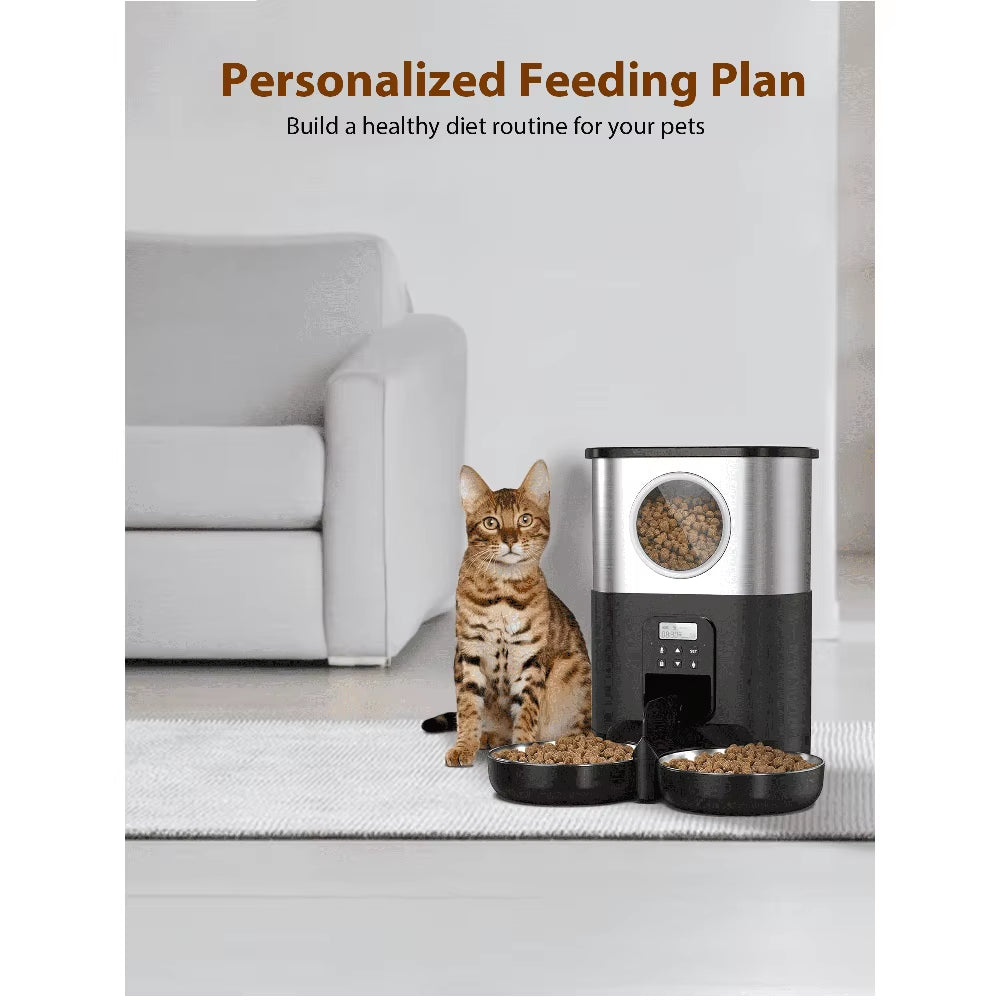 5L Automatic Cat Feeder with Voice Recording Dual Power Mode 2 Stainless Steel Bowls Pet Food Dispenser Multiple Pets