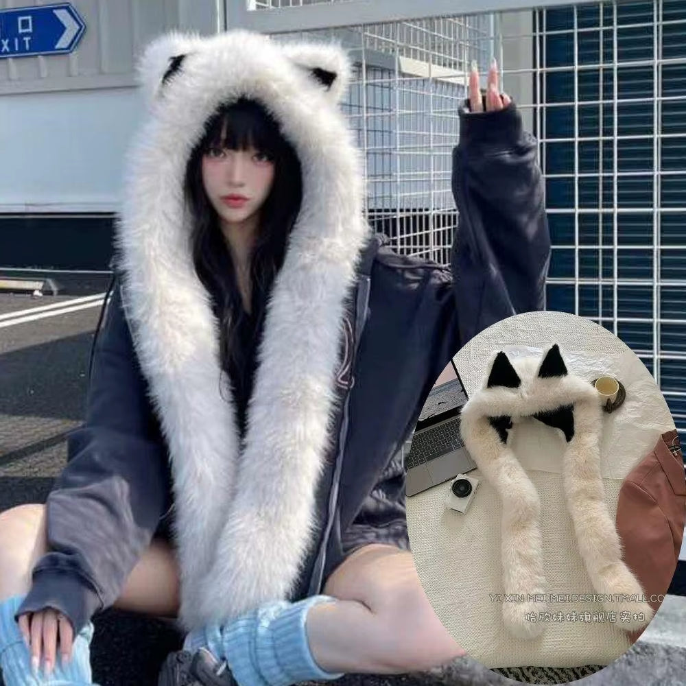 Windproof Integrated Cap Scarf Soft Plush Neck Warm Ear Protection Cap Cute Winter Warm Beanie Hat Scarf Faux Fur Lei Feng Hat