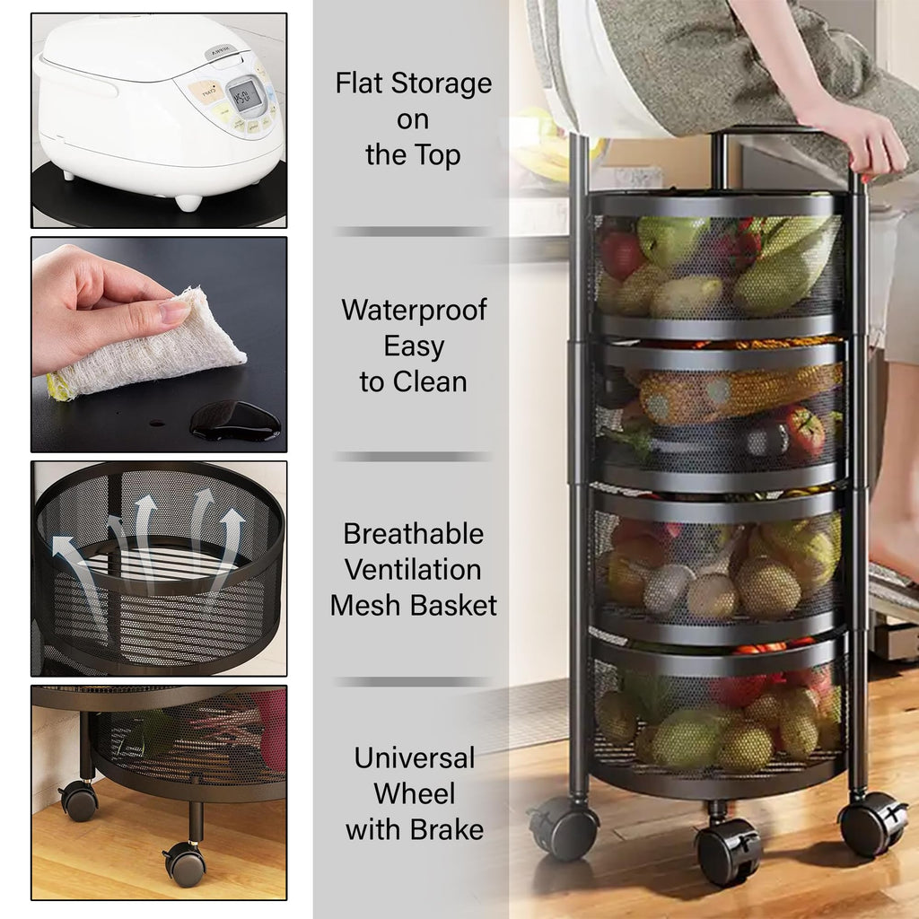 5-Tier Rotating Kitchen Storage Rack with Wheels, Metal Mesh Fruit & Vegetable