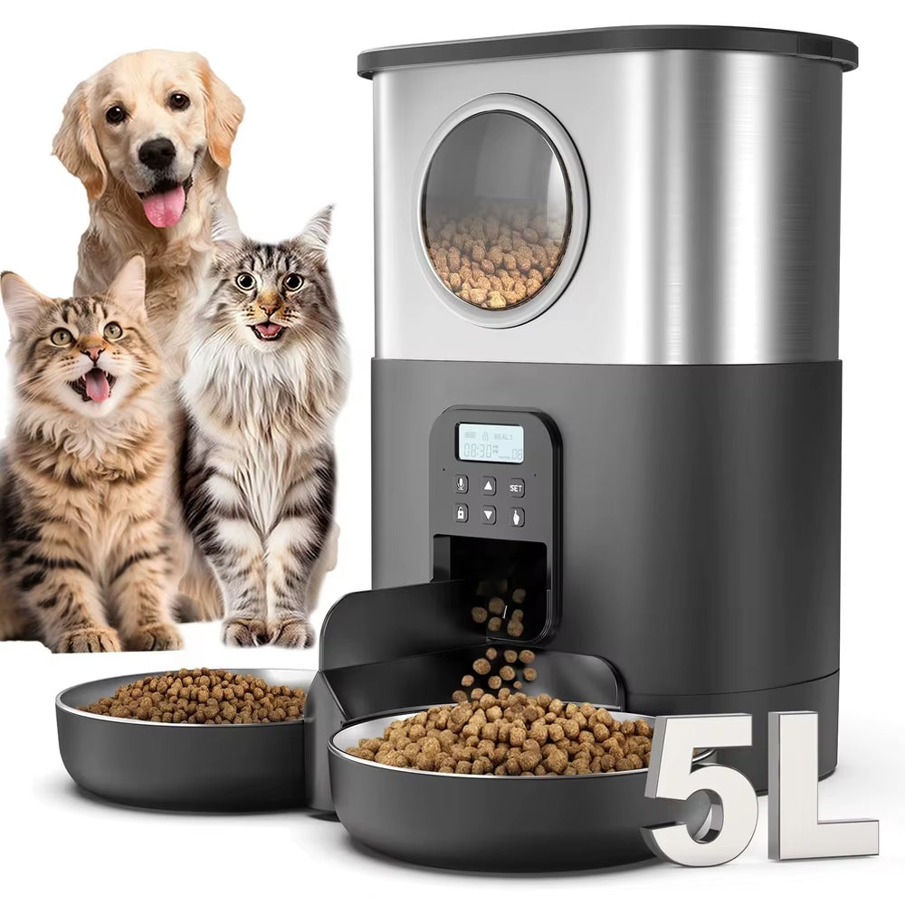 5L Automatic Cat Feeder with Voice Recording Dual Power Mode 2 Stainless Steel Bowls Pet Food Dispenser Multiple Pets