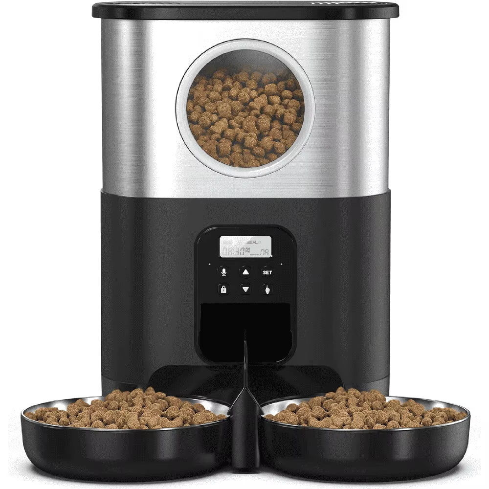 5L Automatic Cat Feeder with Voice Recording Dual Power Mode 2 Stainless Steel Bowls Pet Food Dispenser Multiple Pets
