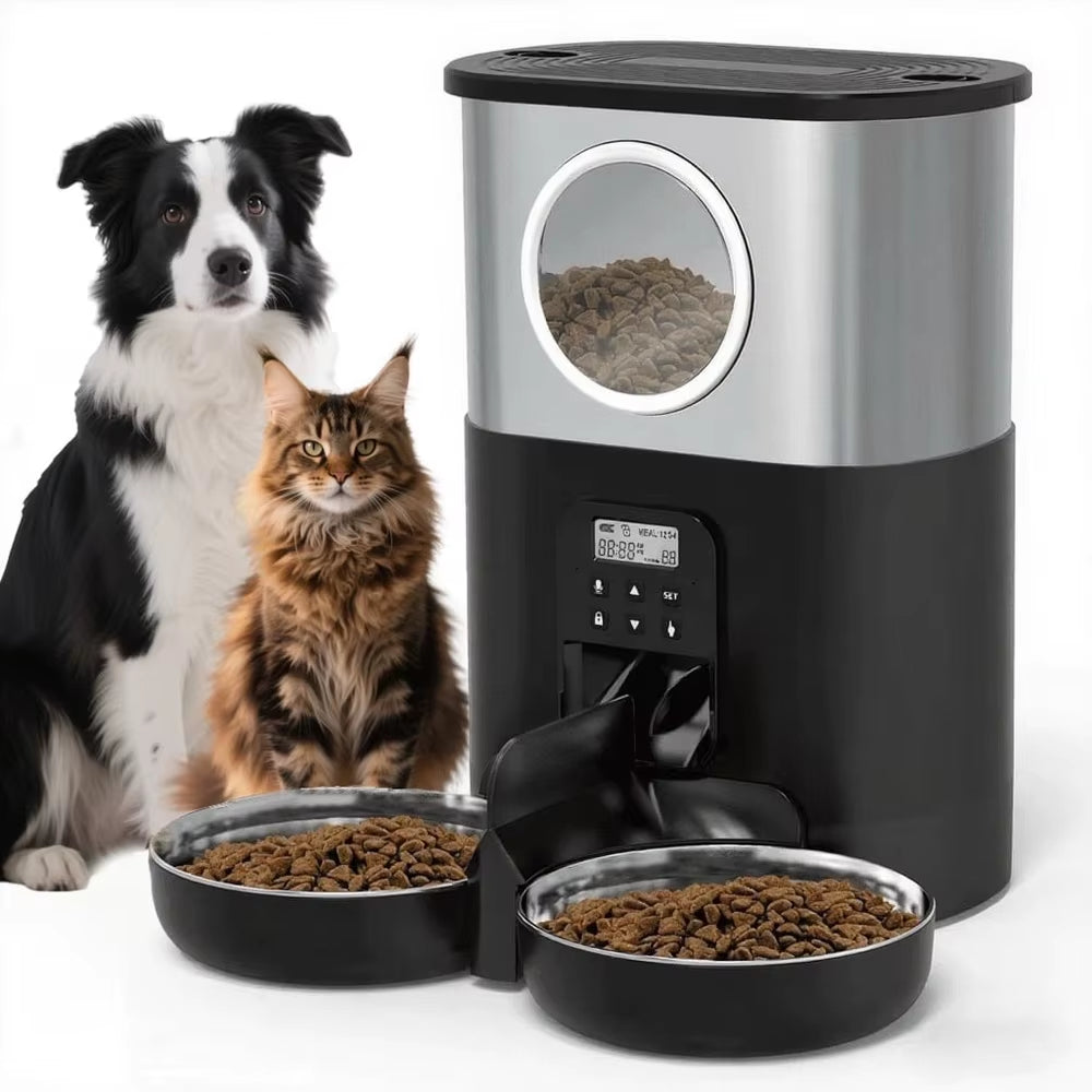 5L Automatic Cat Feeder with Voice Recording Dual Power Mode 2 Stainless Steel Bowls Pet Food Dispenser Multiple Pets