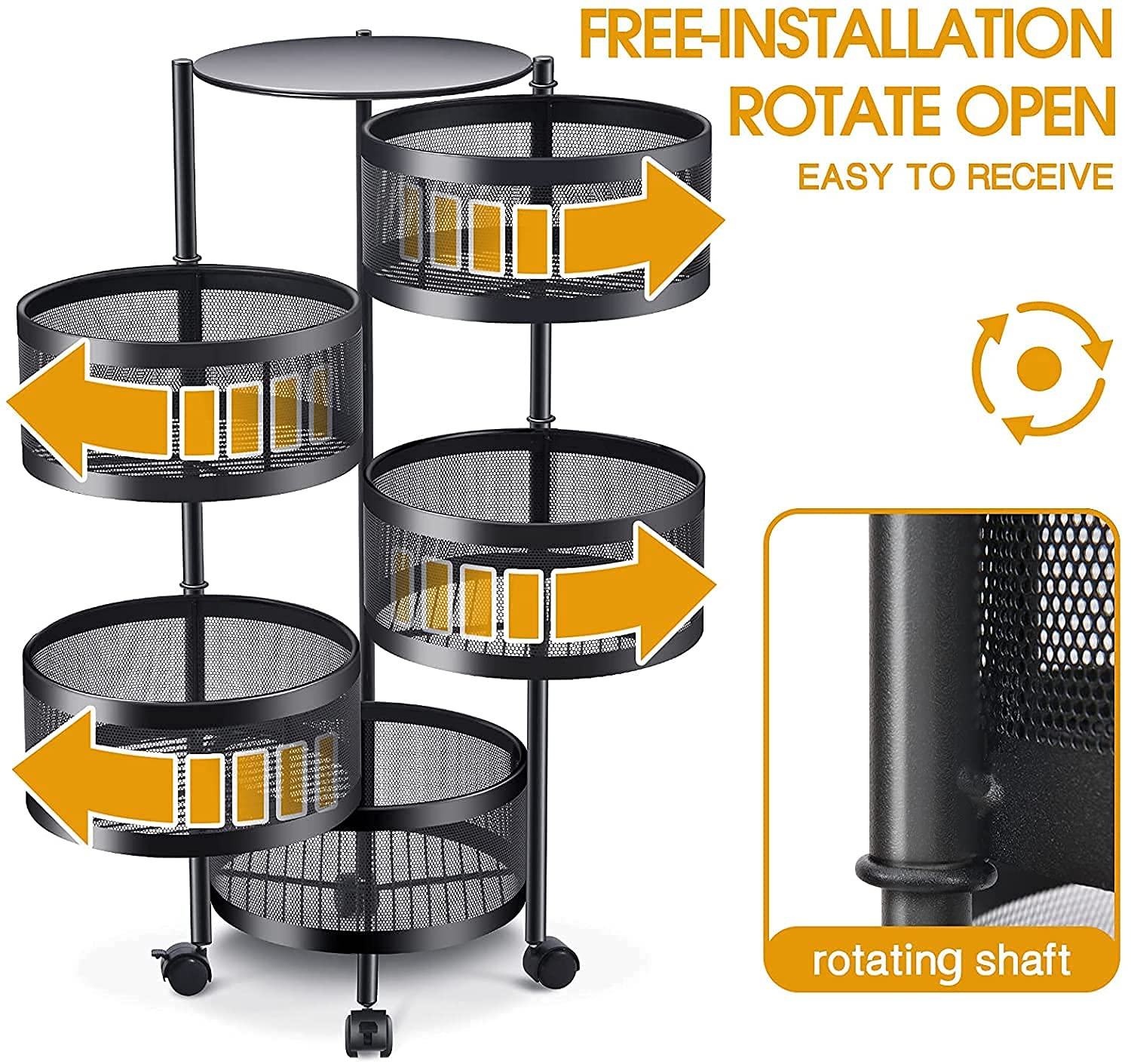 5-Tier Rotating Kitchen Storage Rack with Wheels, Metal Mesh Fruit & Vegetable