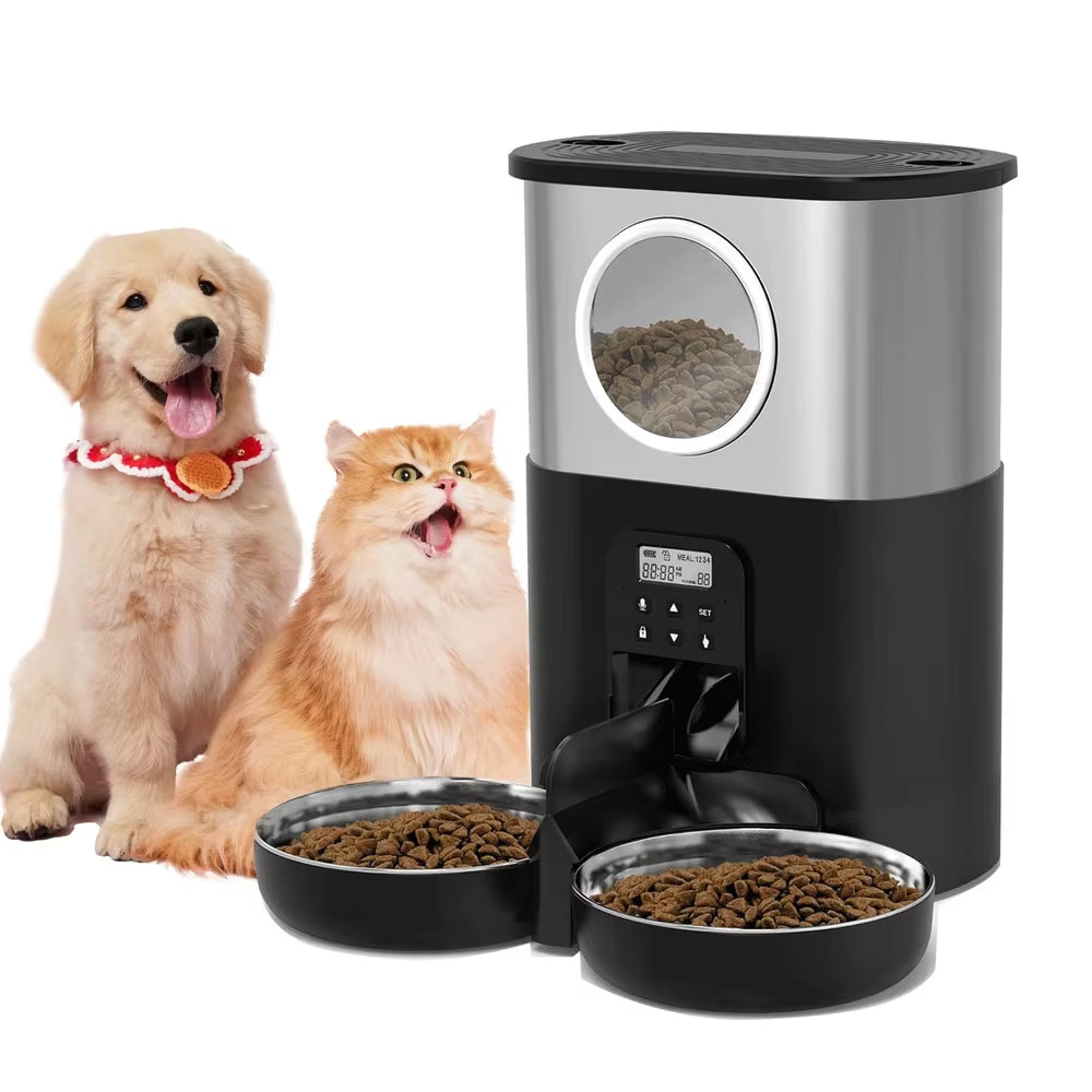 5L Automatic Cat Feeder with Voice Recording Dual Power Mode 2 Stainless Steel Bowls Pet Food Dispenser Multiple Pets
