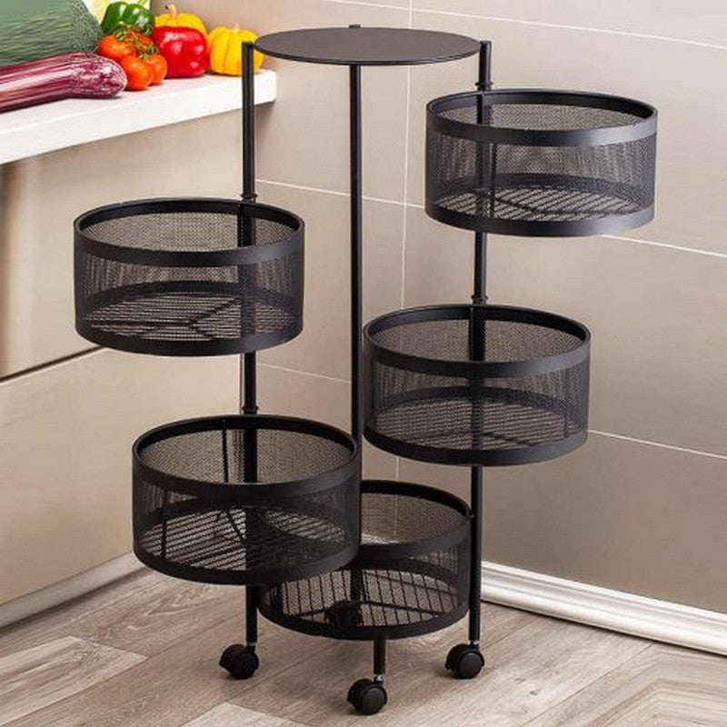 5-Tier Rotating Kitchen Storage Rack with Wheels, Metal Mesh Fruit & Vegetable